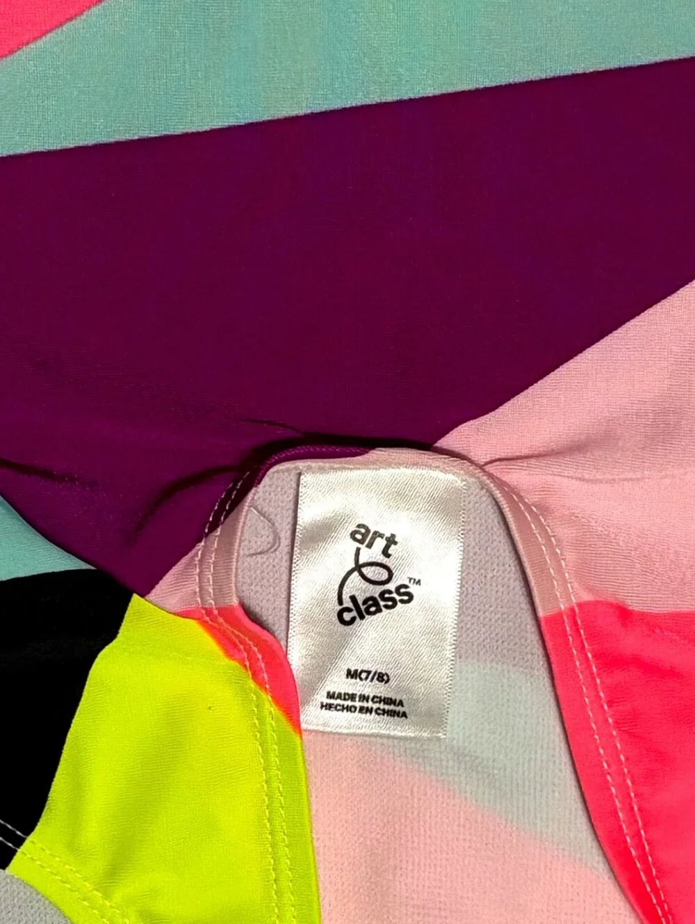 art class Medium Pink, Neon Yellow, Aqua, Purple, & Black Geometric Tankini Top